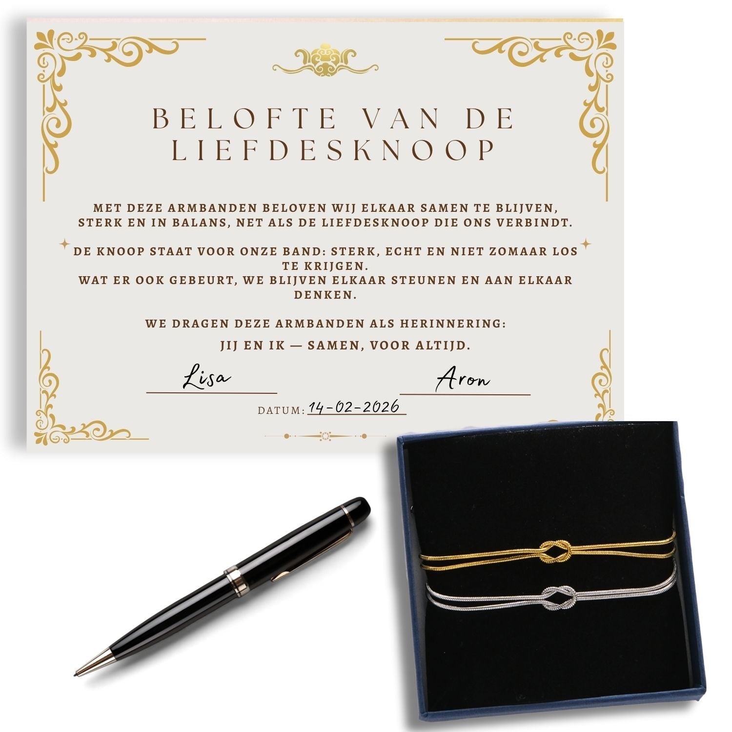 Set van 2 Liefdesknoop Armbanden – Cadeauverpakking met Beloftecertificaat V1