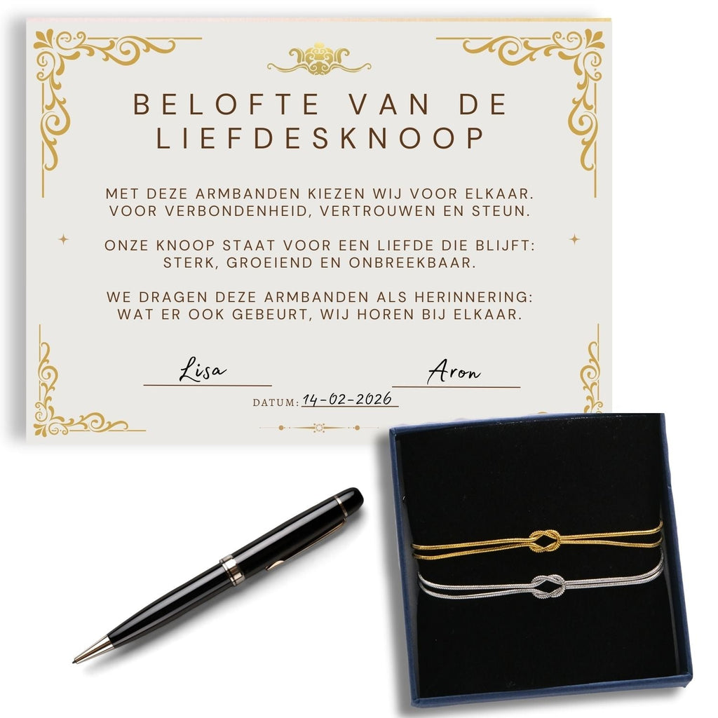 Set van 2 Liefdesknoop Armbanden – Cadeauverpakking met Beloftecertificaat V2