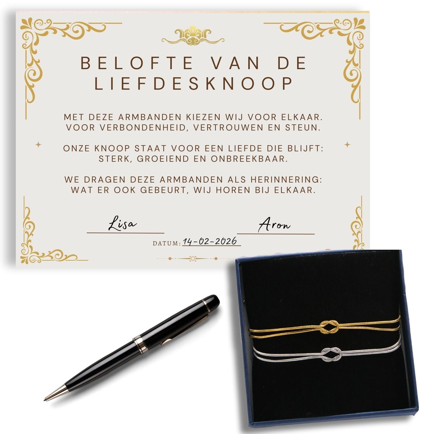 Set van 2 Liefdesknoop Armbanden – Cadeauverpakking met Beloftecertificaat V2